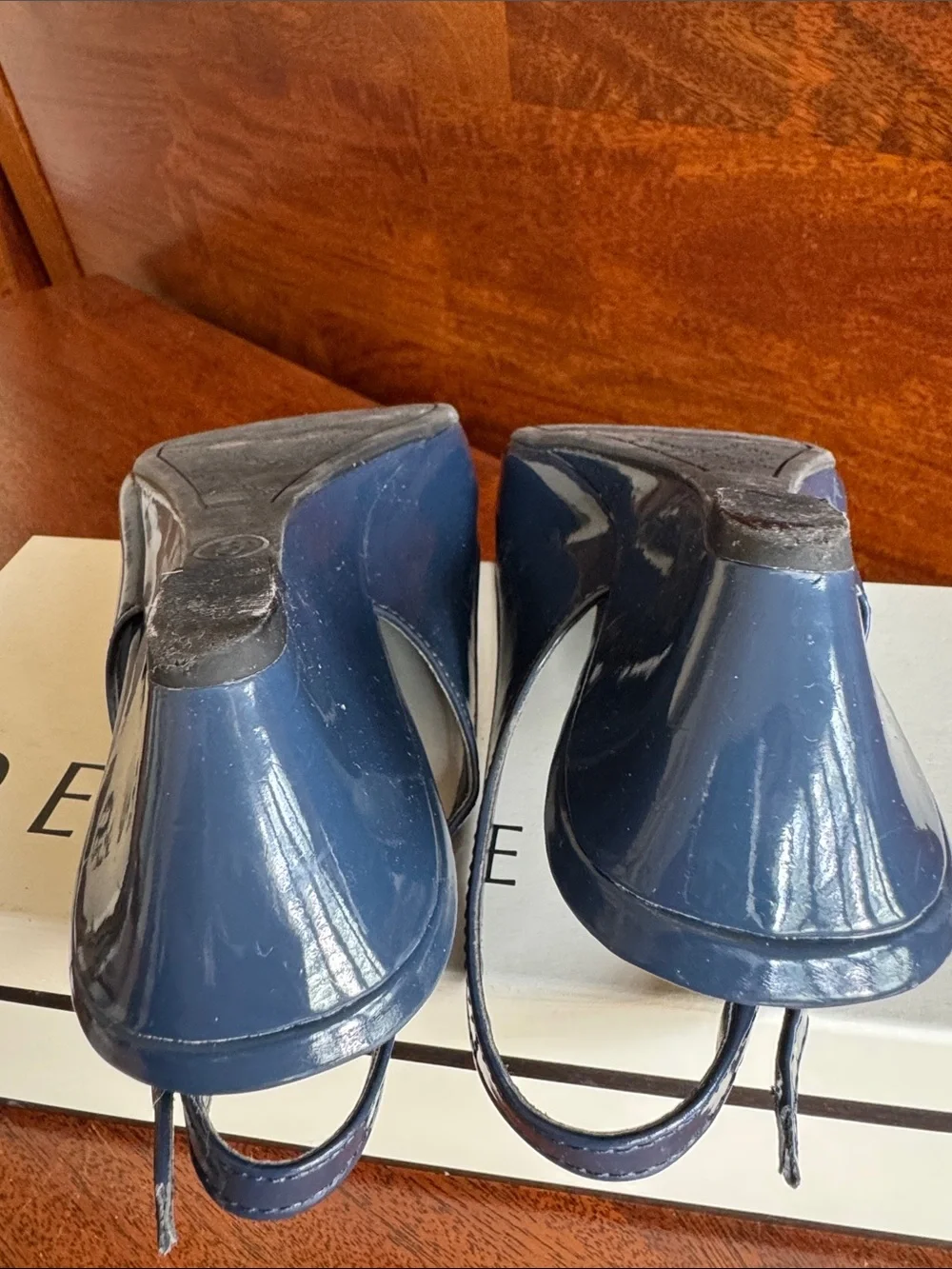 Etienne Aigner Navy Patent Peep-Toe Slingback Wedges with Bow